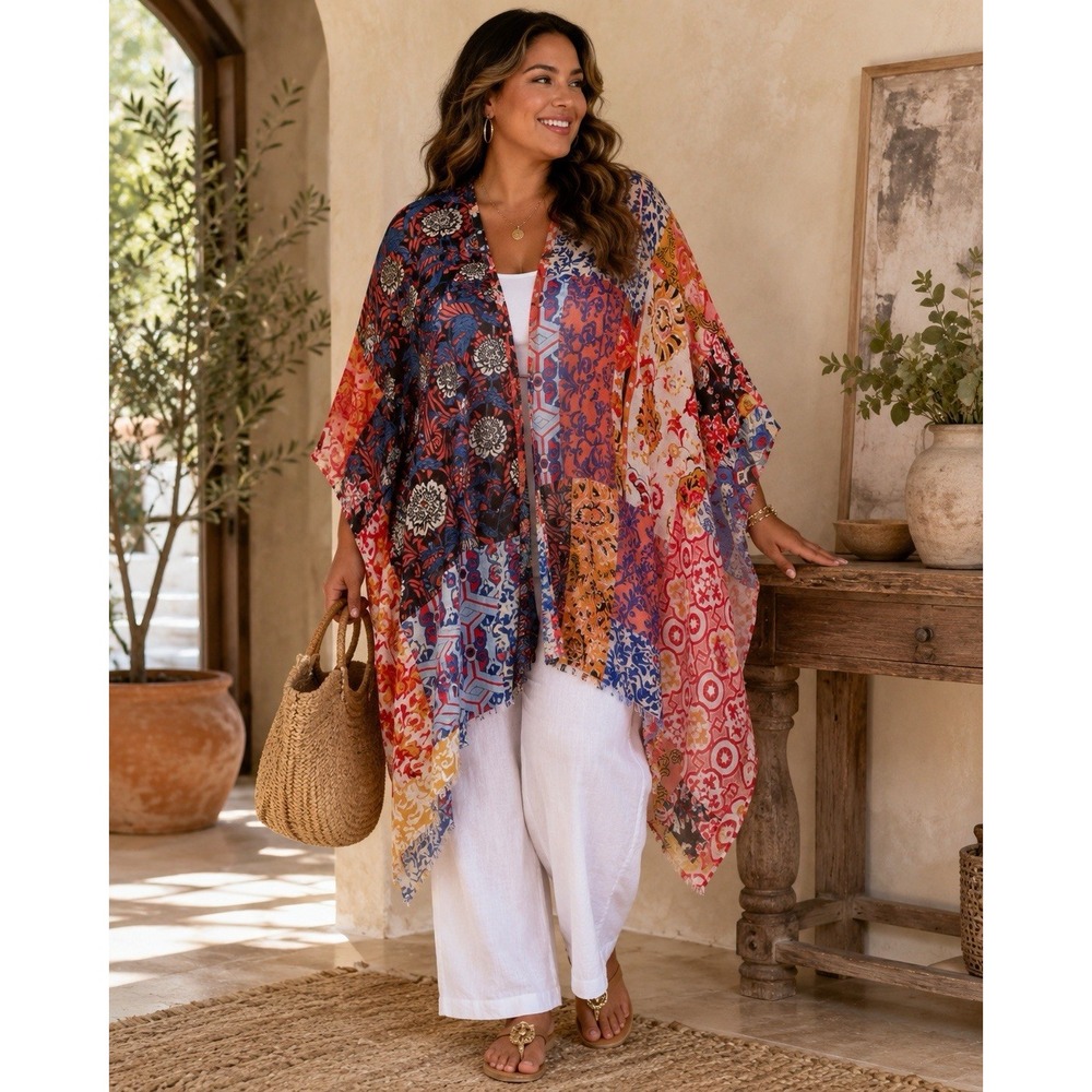 Patchwork Kimono Women's Boho Multicolor Open Front Long Duster